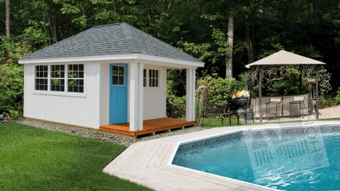Wooden shed and bar by a pool